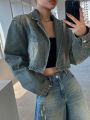 Dazy Star Women'S Drop Shoulder Water Wash Denim Jacket With Open Front
