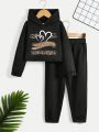 Toddler Girls' Casual Leopard Print Heart Patterned Hooded Fleece Sweater And Pants Set