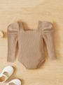 SHEIN Baby Girl Square Neck Puff Sleeve Ribbed Knit Bodysuit