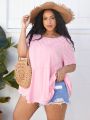 SHEIN CURVE+ Plus Size Solid Color Hollow Out Embroidered Patchwork T-Shirt