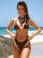 SHEIN Swim Vcay Patchwork Edge Halter Triangle Bikini Set