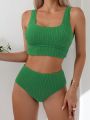 SHEIN Swim Basics Solid Color Women's Sleeveless Bikini Top And Bottom Set