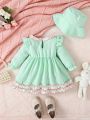 2023 Plaid Ruffle Fly Sleeve Dress With Double Bows Decoration And Double Lace Long Sleeves For Girls' Infants, With Hat