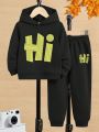 Young Boys' Casual Letter Printed Hoodie And Jogger Pants Set, Suitable For Autumn And Winter