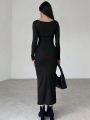 Women's Stand Collar Long Sleeve Pleated Dress