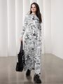 SHEIN Mulvari Women'S Long Sleeve Dress With Stand Collar And Slogan Print Design