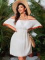 SHEIN Swim Vcay Plus Size 1pc Hollow Out Shoulder Cover Up Dress With Tassel Detail