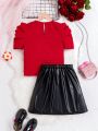 SHEIN Kids CHARMNG Tween Girls' Woven Solid Color Square Neckline & Leg-Of-Mutton Sleeve Top Matched With Woven Solid Color Pu Leather Skirt Set