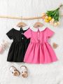 SHEIN Baby Girls' Two Piece Set, Patchwork Doll Collar Casual Elegant Dress