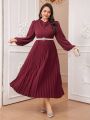 SHEIN Modely Plus Size Solid Color Draped Collar Lantern Sleeve Dress