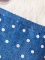 SHEIN Baby Girl Casual Faux Denim Polka Dot Print Elastic Waist Trousers