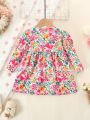 SHEIN Baby Girls' Romantic Floral Print Long Sleeve Dress