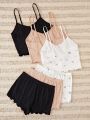 3pcs Ditsy Floral Print Lettuce Trim Cami Top & 3pcs Shorts PJ Set