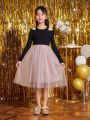 SHEIN Kids KDOMO Tween Girl Cold Shoulder Mesh Overlay Dress