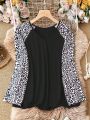 Plus Size Women's Leopard Patchwork Raglan Long Sleeve T-Shirt