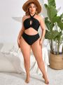 SHEIN Swim Vcay Plus Size Women's Solid Color Cross Neckline Two Piece Swimsuit Set