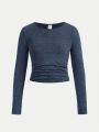 SHEIN Kids EVRYDAY Girls' Knitted Solid Color Round Neck Slim Fit Casual Long Sleeve T-Shirt