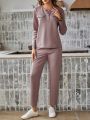 SHEIN LUNE Women's Solid Color Round Neck Long Sleeve Top And Long Pants 2pcs Set