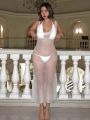 SHEIN Swim Y2GLAM Women'S Halter Neck Mesh Cover Up Dress