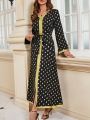 Women's Gold Foil Polka Dot Patchwork Tape Long Sleeve Dress