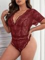 Plus Floral Lace Plunging Neck Teddy Bodysuit