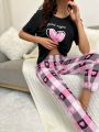 Love Heart Plaid Print Short Sleeve Long Pants Pajama Set