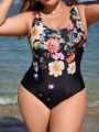 SHEIN Swim Classy Plus Size One-piece Swimsuit With Flower Pattern