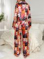 Colorful Cat Print Turn-Down Collar Imitation Silk Pajama Set