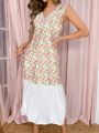 Valentines Women'S Color Collision Floral Printed Splice Lace Sleep Dress