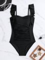 One Piece Solid Swimsuit With Ruffle Trim