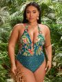 SHEIN Swim SXY Plus Size Tropical Print & Leopard Splice One-Piece Swimsuit