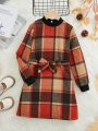 SHEIN Kids KDOMO Tween Girl Plaid Print Contrast Trim Belted Trench Coat