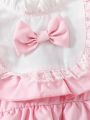 Baby Girl Spring Summer Two-Piece Pink Lace Puff Sleeve Dress With Bowknot & Hat For Daily Wear And Wedding