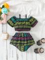 Fashionable Bohemian Style Printed Short-Sleeved Shorts Set For Baby Girls, Summer