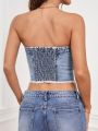 SHEIN Tall Women's Raw Hem Bandeau Denim Top