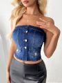 SHEIN Essnce Casual Short Cropped Denim Bustier Top