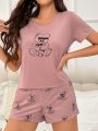 Bear Printed Short Sleeve Top And Shorts Pajamas Set