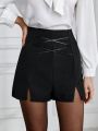 SHEIN Essnce Women's Cross Tie Waist Split Hem Casual Shorts