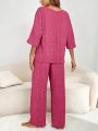 Women's Knitted Top With 3/4 Sleeves And Long Pants Home Clothing Set