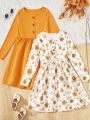 SHEIN Kids EVRYDAY Girls' Floral Printed Long-sleeved Dress For Big Kids