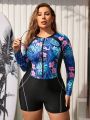 SHEIN Swim SPRTY Plus Size Long Sleeve One Piece Swimsuit With Tropical Print