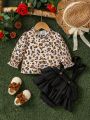 Baby Girl Leopard Print Top With Solid Color Ruffle Trim Overalls Set