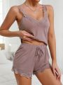 Solid Contrast Lace Tank Top & Shorts PJ Set