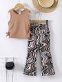 SHEIN Kids EVRYDAY 2pcs/Set Young Girls' Casual Sleeveless Vest Top And Flared Pants With All-Over Print For Spring & Summer