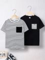 SHEIN Kids Academe Tween Boys' Loose Fit College Style Round Neck Striped Short Sleeve T-shirt 2pcs/set