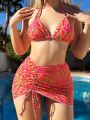 SHEIN Swim Y2GLAM Marble Print Bikini Swimsuit Set + Drawstring Beach Skirt