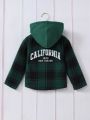 SHEIN Kids EVRYDAY Young Girl Plaid Print Letter Graphic Hooded Blouse