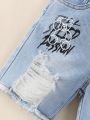 Toddler Boys' Vintage Street Style Washed Ripped Cute Bear Printed Frayed Hem Denim Shorts In Light Blue