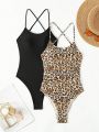 SHEIN Swim BAE Women's Solid Color And Leopard Printed One-piece Swimsuit With Matching Cover-up Set