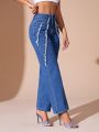 SHEIN BAE Women's Straight Leg Jeans With Frayed Hem And Slanted Pockets